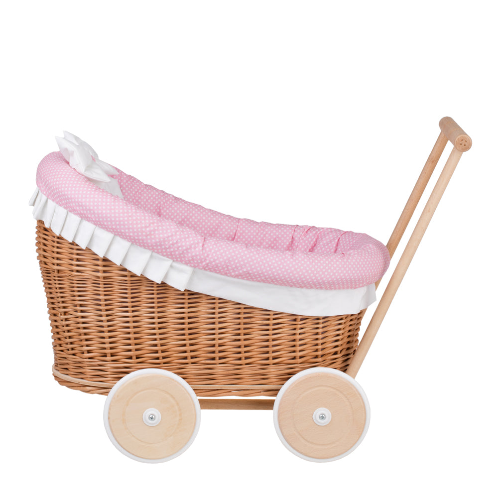 Luna wicker doll stroller with pink trim, blanket, and pillow