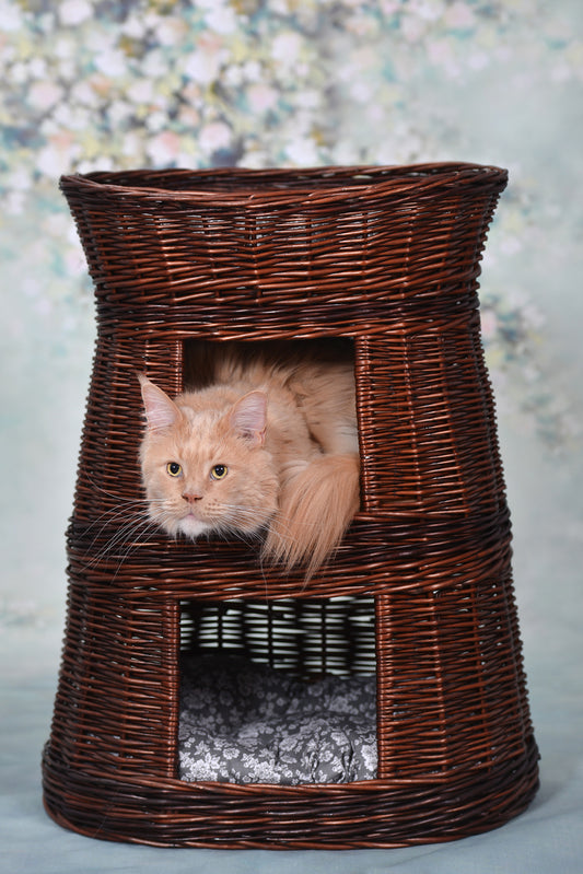 wicker cat basket with gray cushions, three-tier