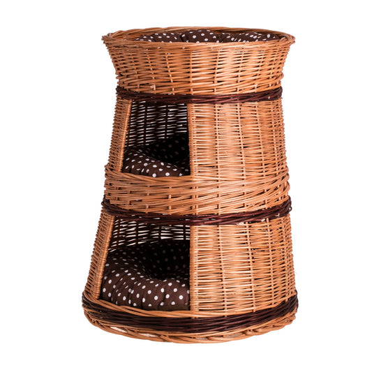 Elnoria ψάθινο σπιτάκι για γάτα με καφέ μαξιλάρια, τρία επίπεδα TheWickerStories