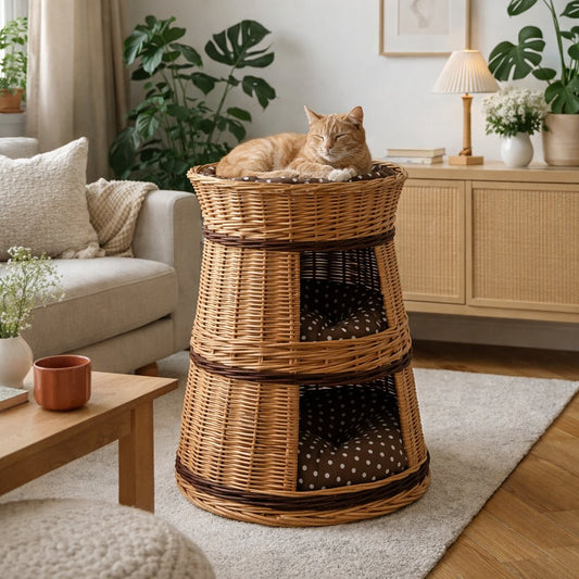 wicker cat house with brown cushions, three levels