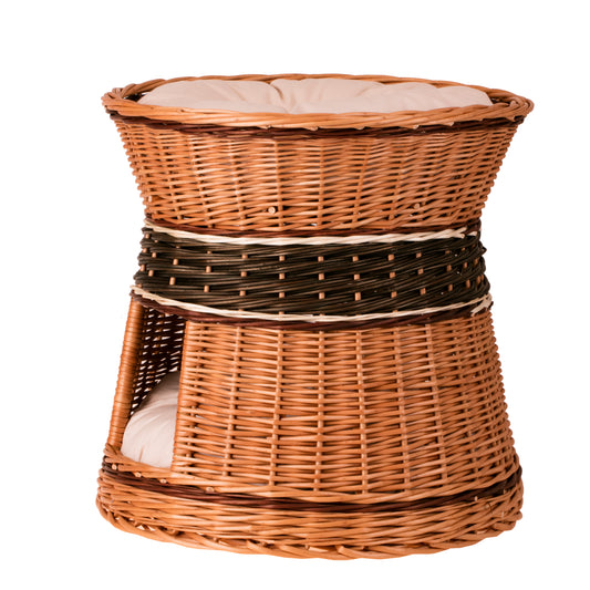 casinha em vime para gato e cão pequeno com dois níveis e almofadas