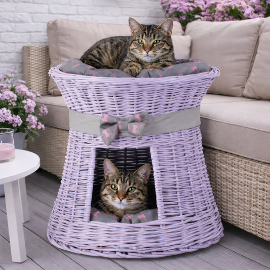 casinha de vime para gato e cão pequeno com duas almofadas