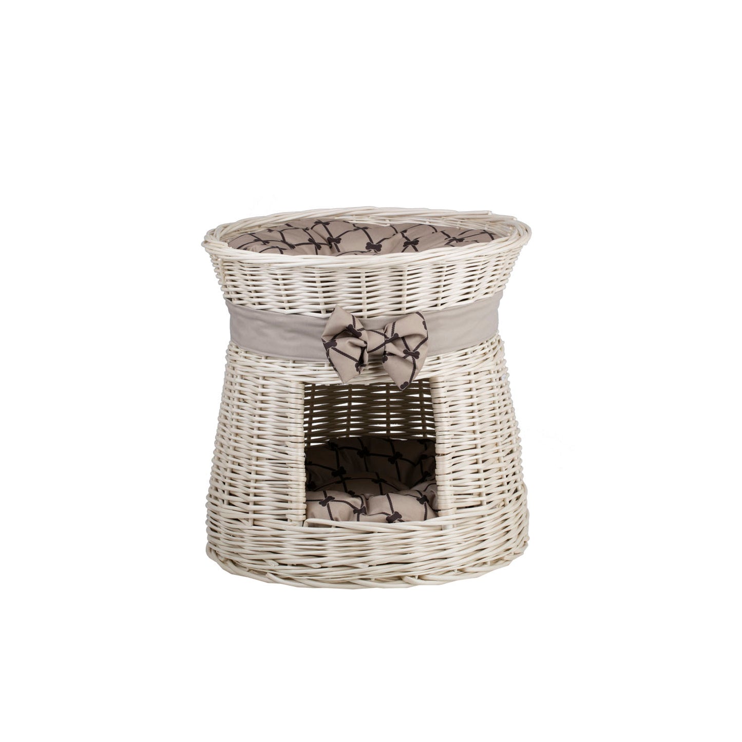 Eralis rieten kattenhuis met crèmekleurige afwerking, twee kussens en een strik