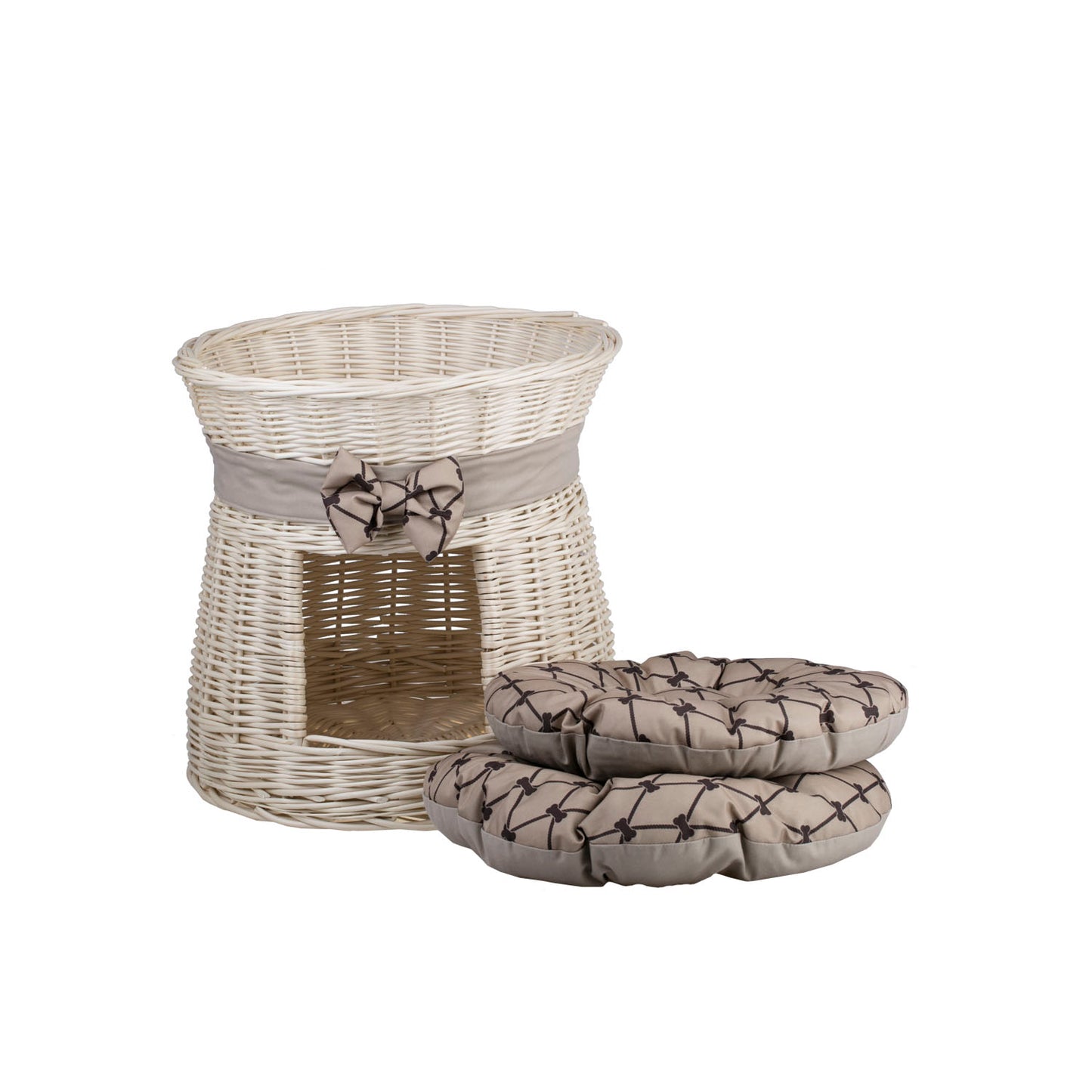 Eralis rieten kattenhuis met crèmekleurige afwerking, twee kussens en een strik