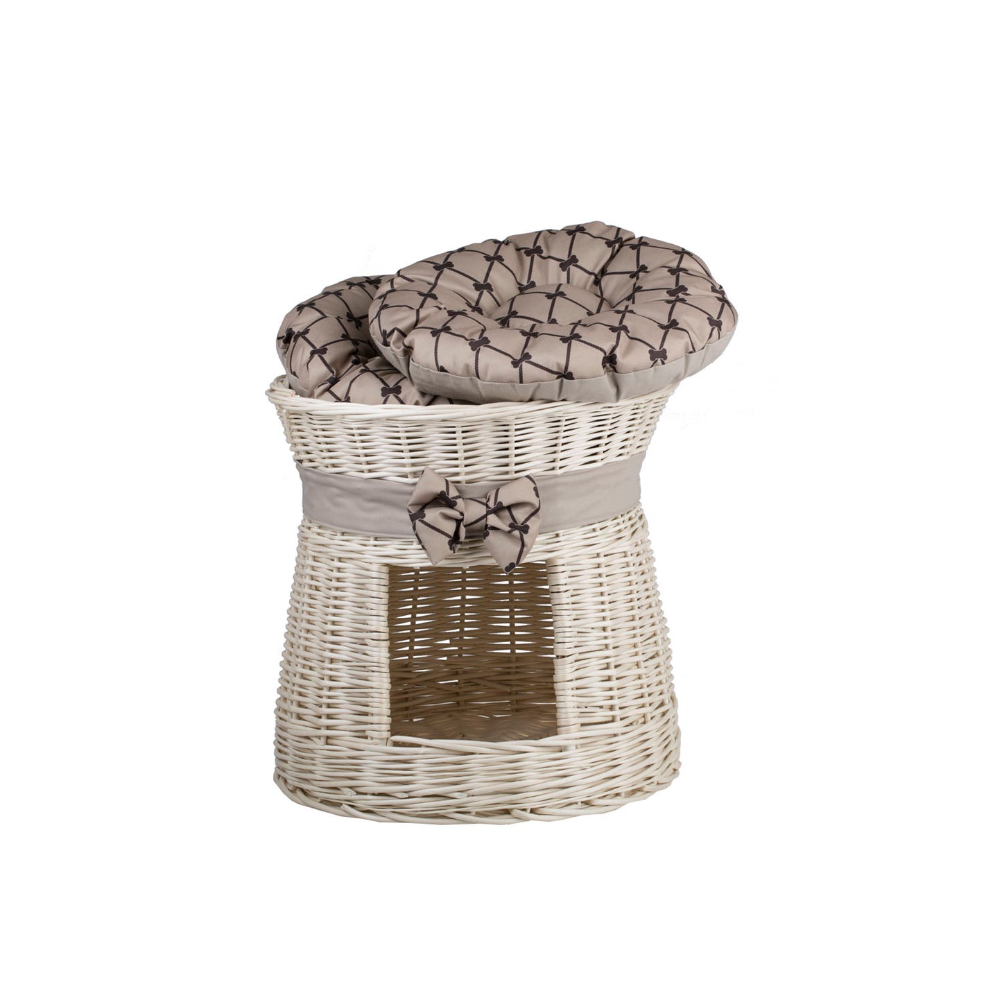 Eralis flettet kattehus med cremefarvet kant, to puder og sløjfe TheWickerStories