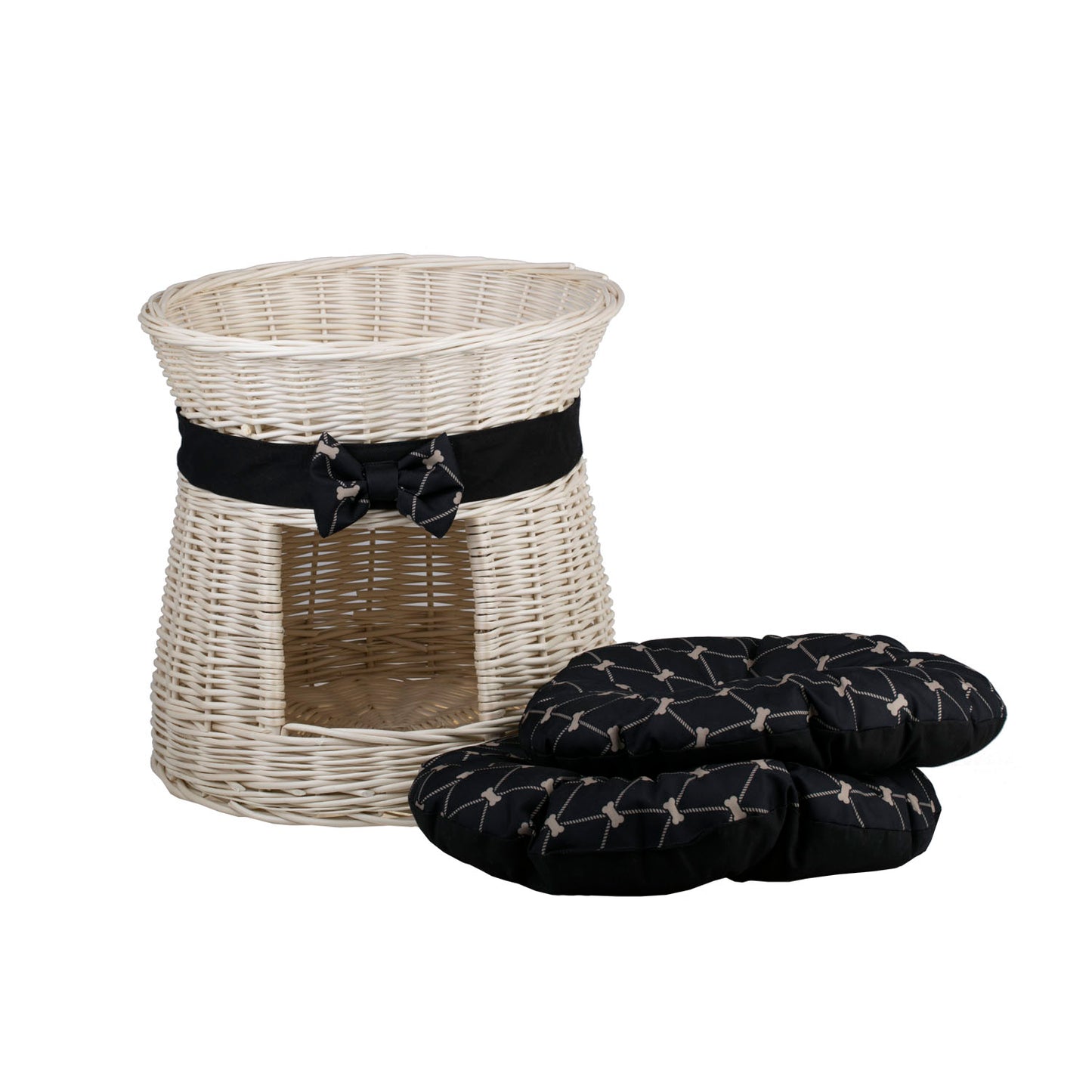 Eralis two-tier wicker cat house with two cushions and a bow TheWickerStories