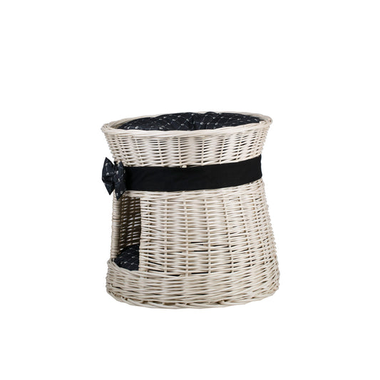 Eralis wicker cat house with cushions and a bow, two-story TheWickerStories