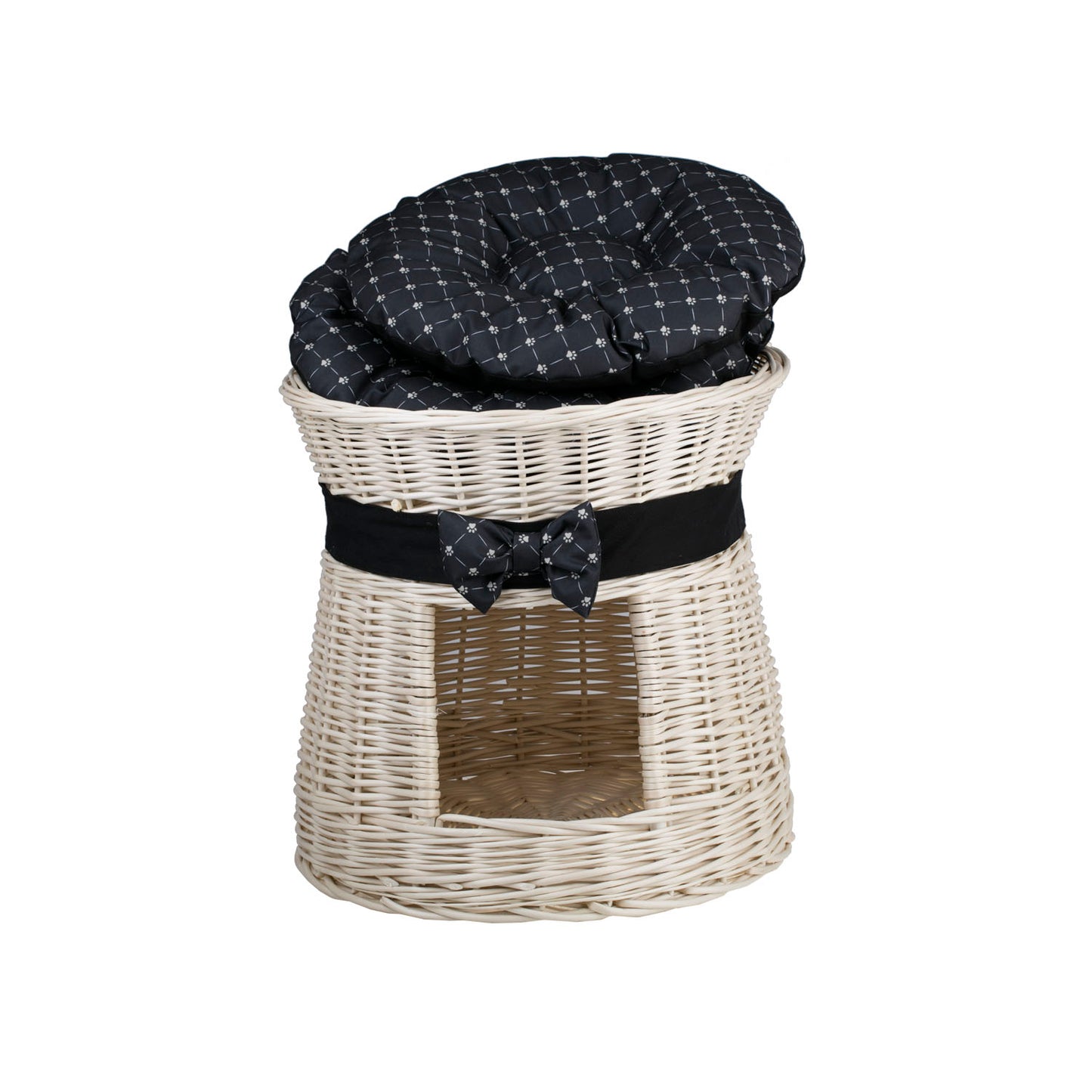 Eralis wicker cat house with cushions and a bow, two-story TheWickerStories