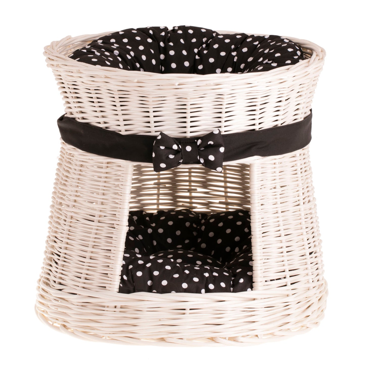 Eralis two-tier wicker cat bed with cushions and bow TheWickerStories