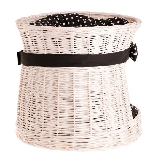 Eralis two-tier wicker cat bed with cushions and bow TheWickerStories