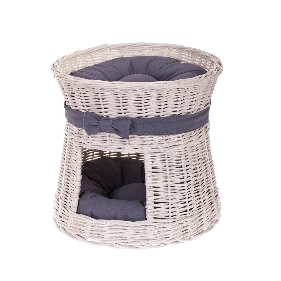 Eralis rieten kattenhuis met kussens en strik — knus handgevlochten huisdierbed