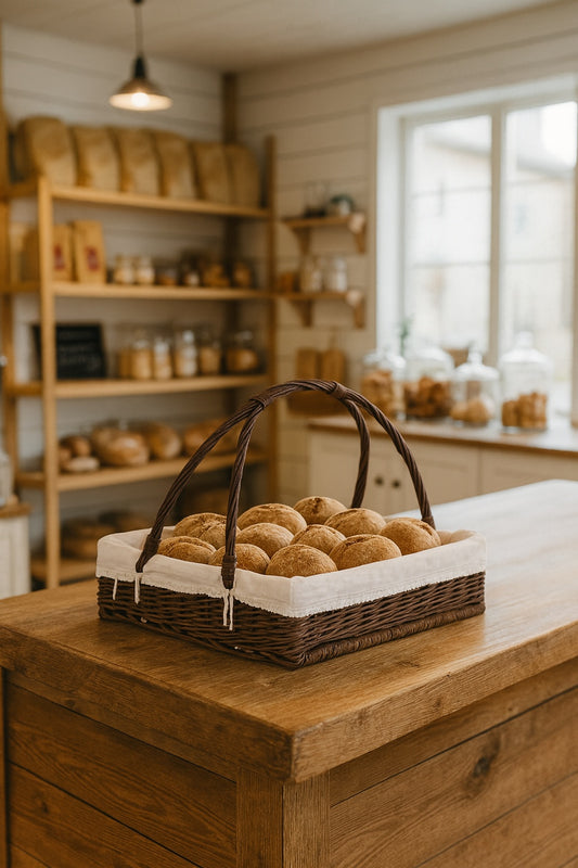 Allium wicker serving basket with cream trim, featuring a handle TheWickerStories