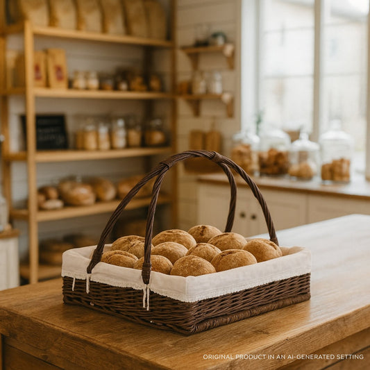 cesta in vimini per servire con rifinitura beige e manico,