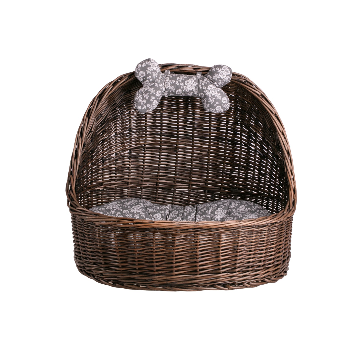Elsa wicker basket pet bed with gray cushion and bone