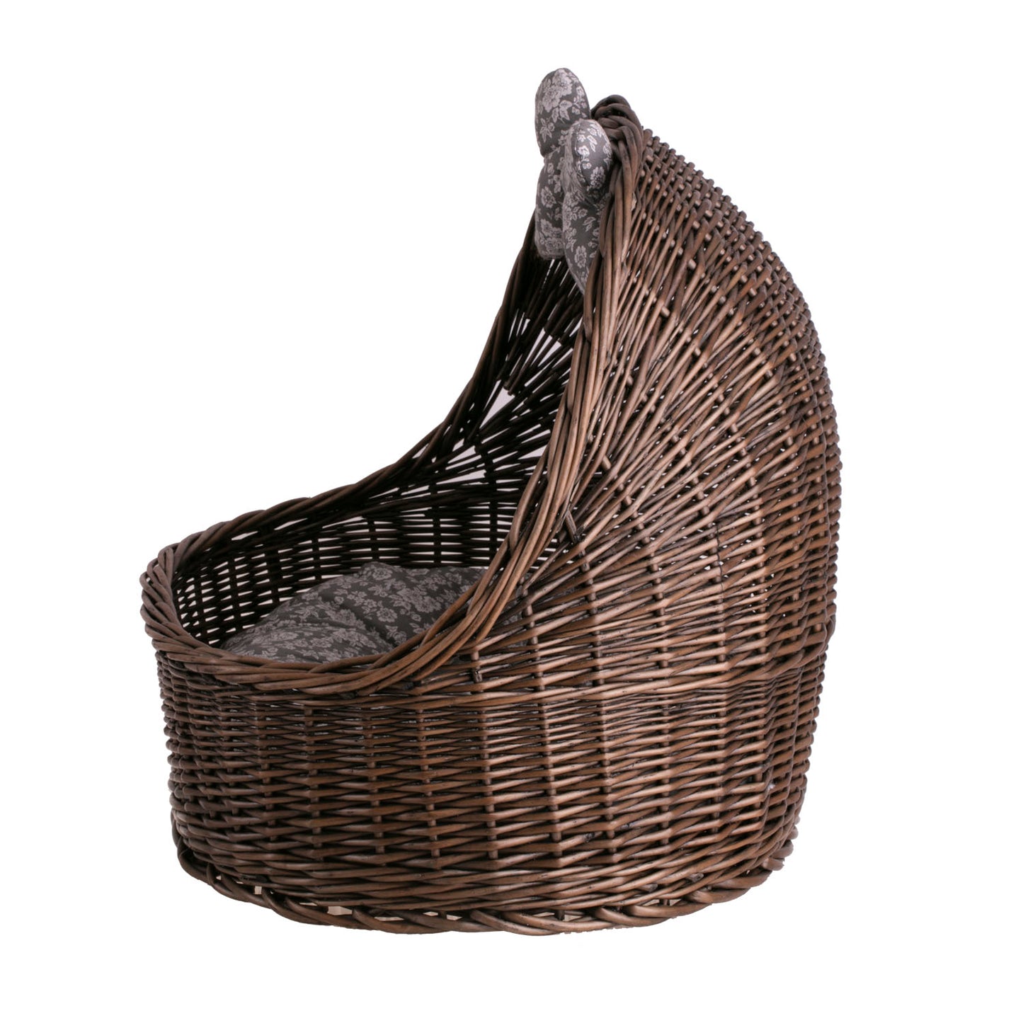 Elsa wicker basket pet bed with gray cushion and bone TheWickerStories