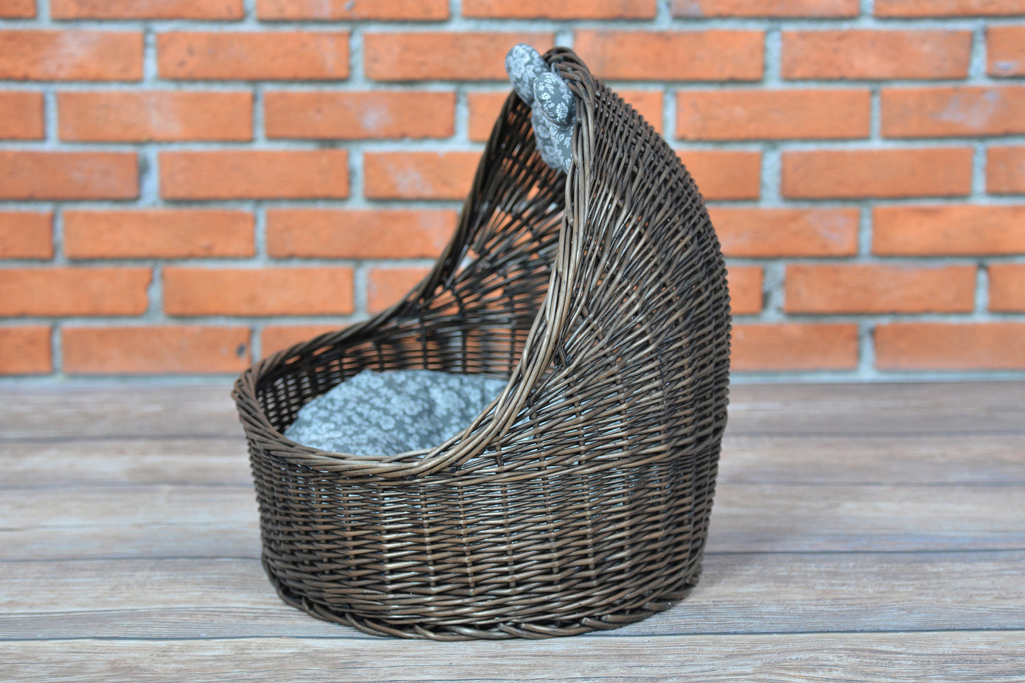 Elsa wicker basket pet bed with gray cushion and bone