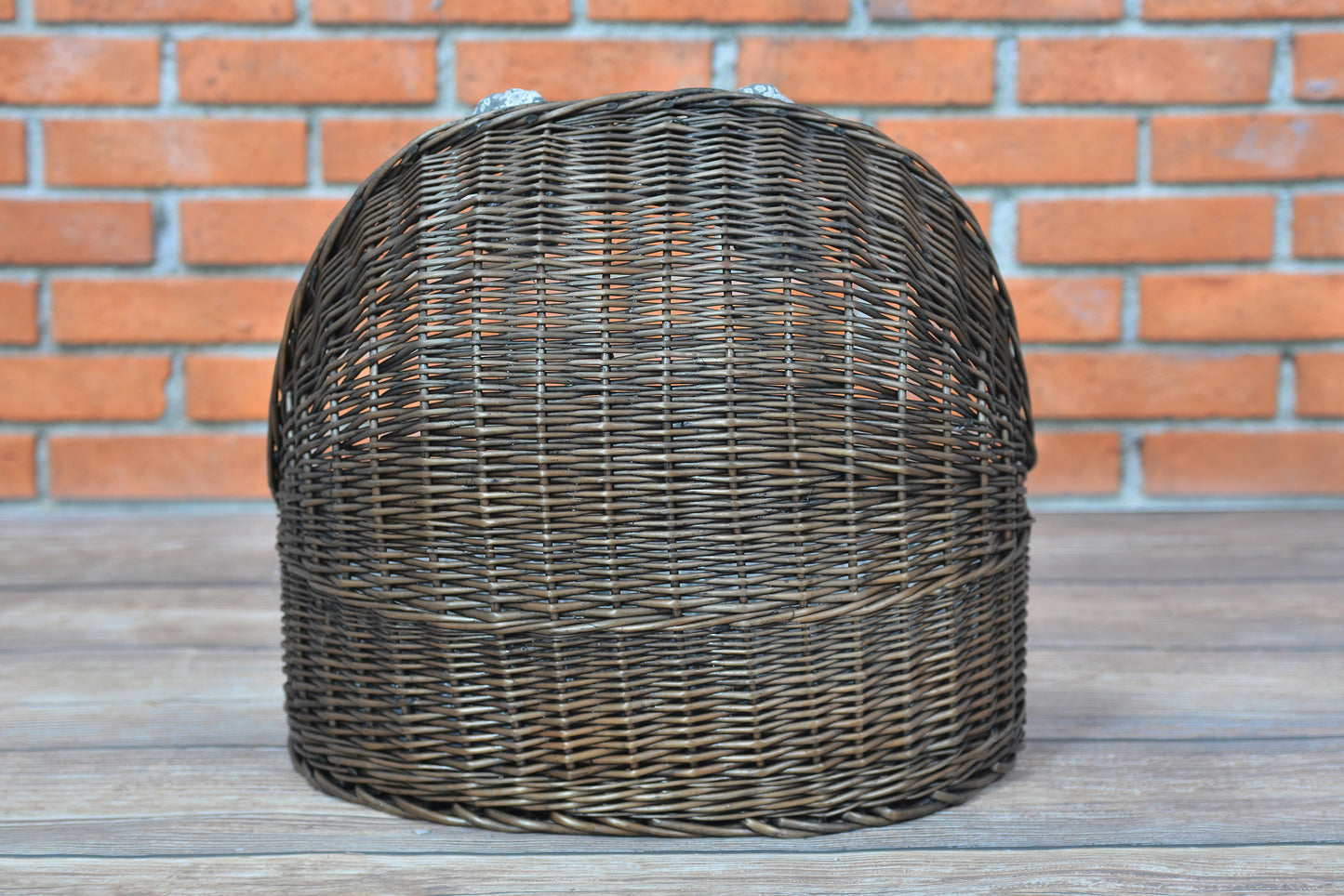 Elsa wicker basket pet bed with gray cushion and bone