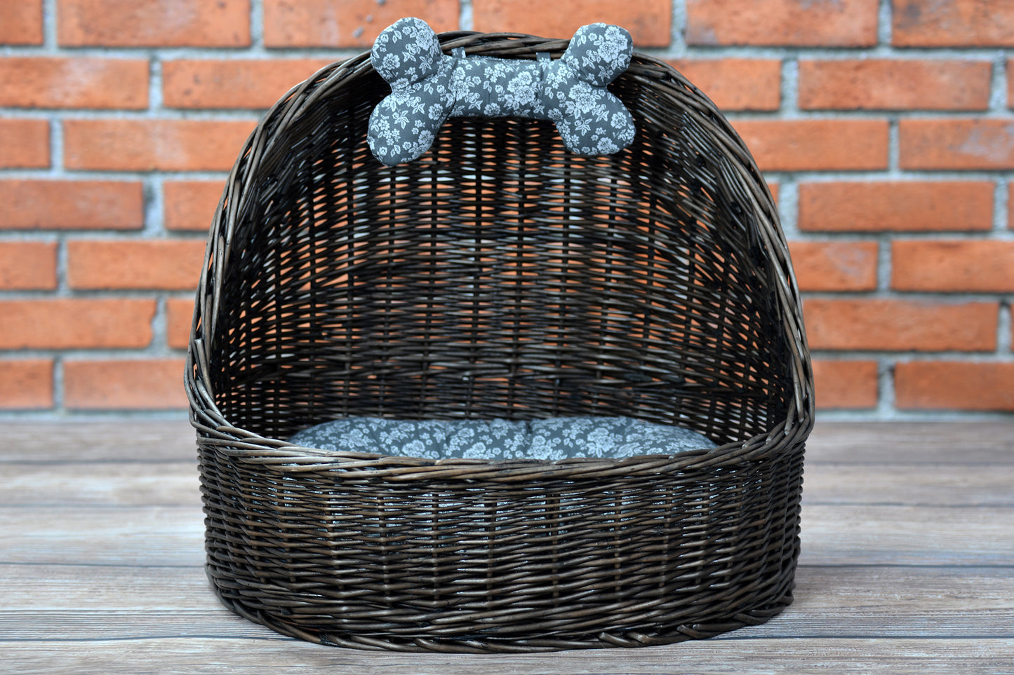 Elsa wicker basket pet bed with gray cushion and bone