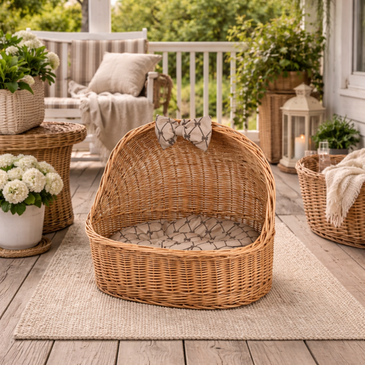 wicker basket for cat and dog with beige cushion