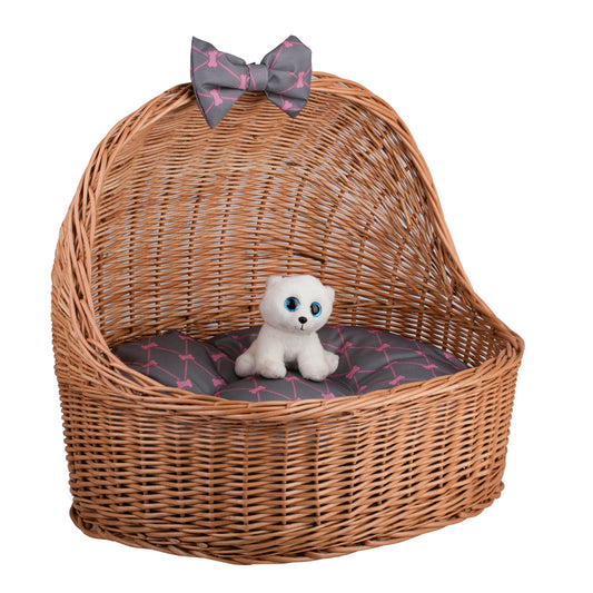 Elarion ψάθινο σπιτάκι για σκύλο και γάτα με μαξιλάρι και φιόγκο TheWickerStories