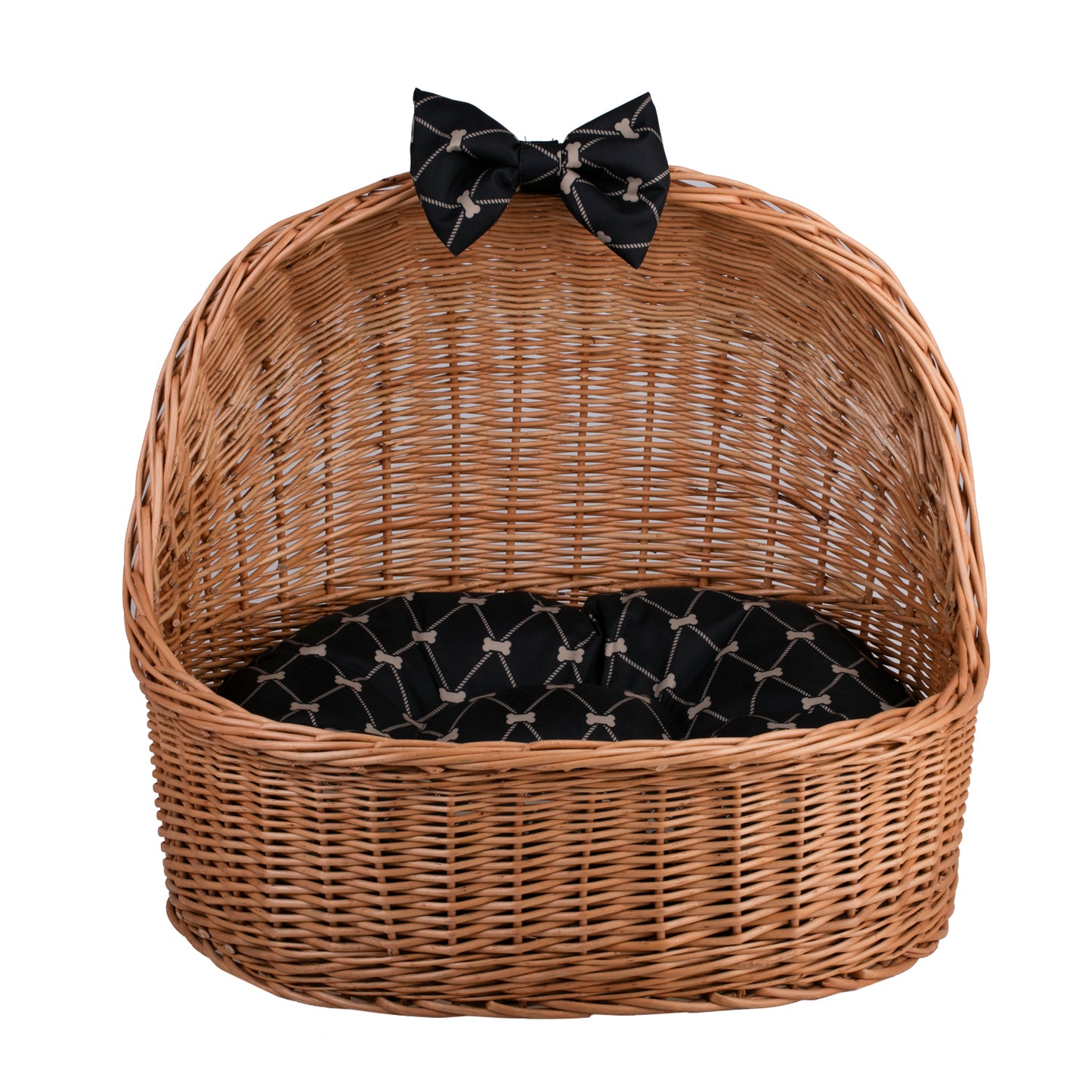 Elsa wicker pet bed basket with black cushion and bow