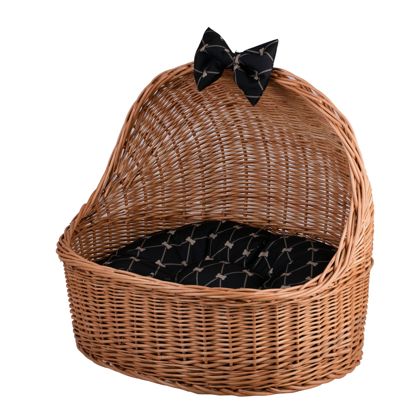Elsa wicker pet bed basket with black cushion and bow