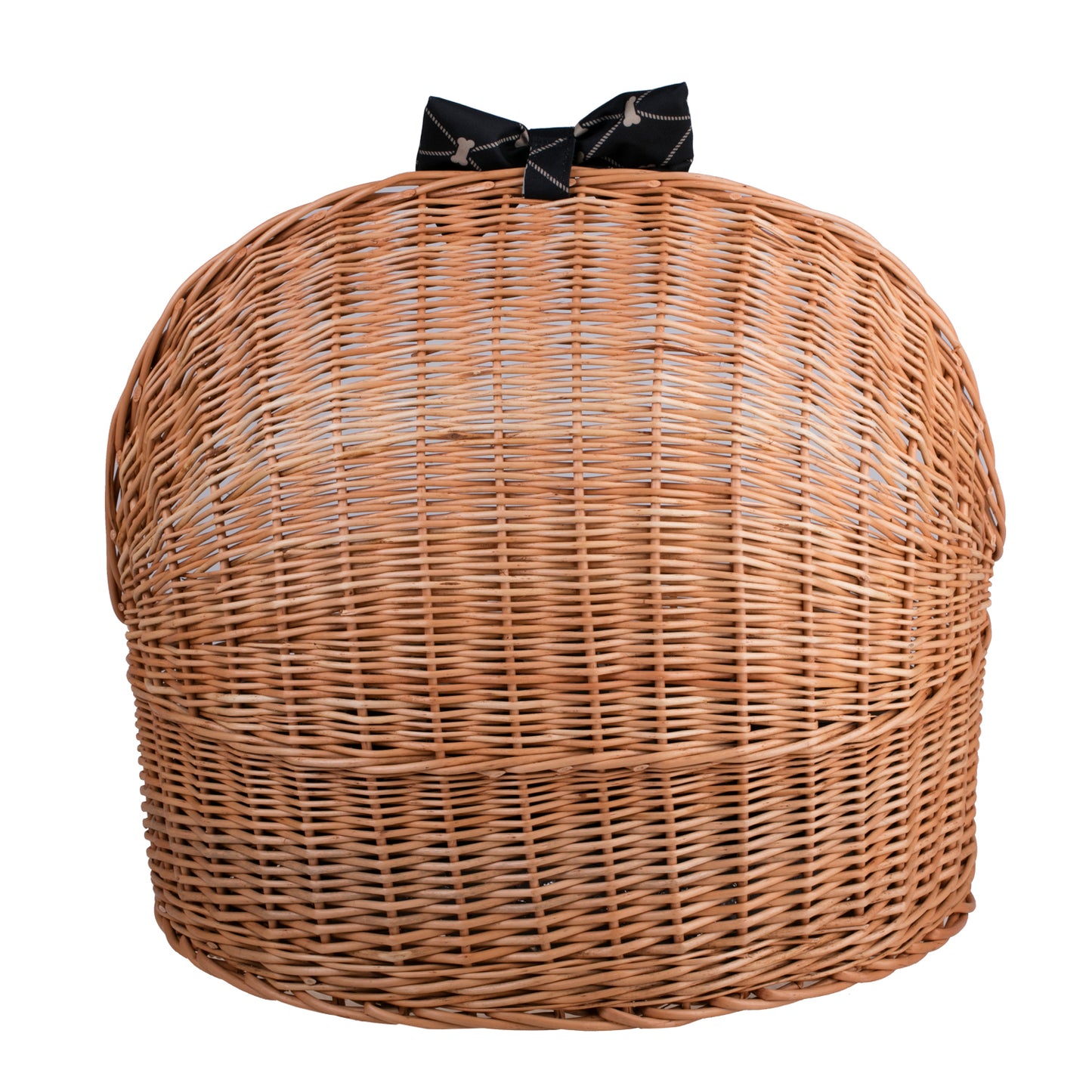 Elsa wicker pet bed basket with black cushion and bow