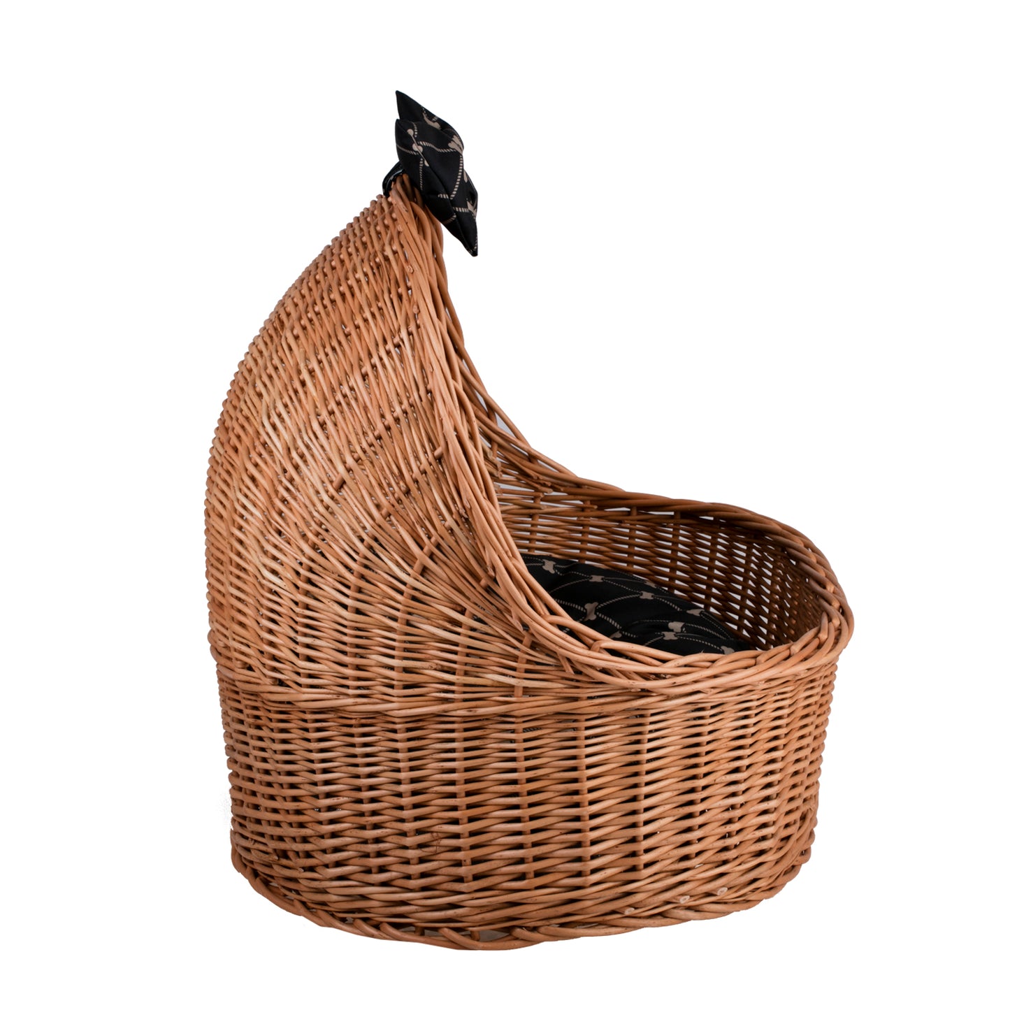 Elsa wicker pet bed basket with black cushion and bow