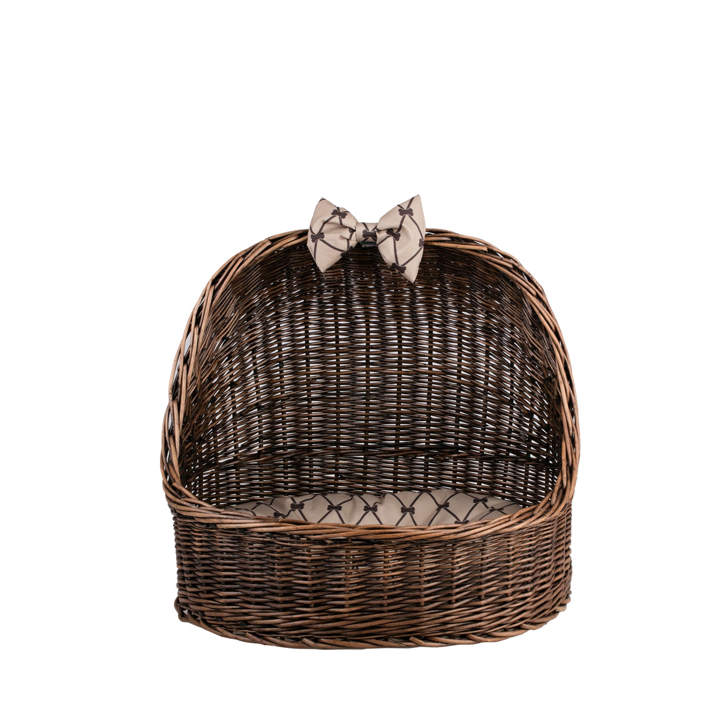 Elsa wicker pet bed basket with beige cushion and bow