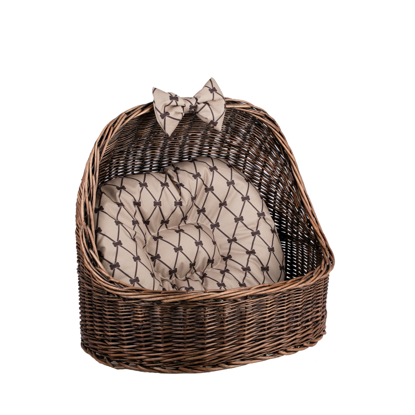Elsa wicker pet bed basket with beige cushion and bow