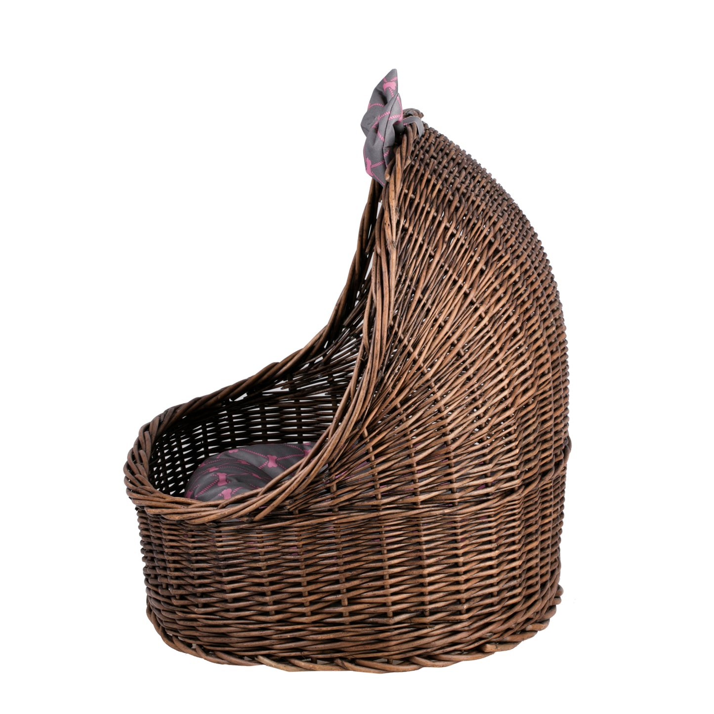 Elsa wicker pet bed basket with grey cushion and bow TheWickerStories