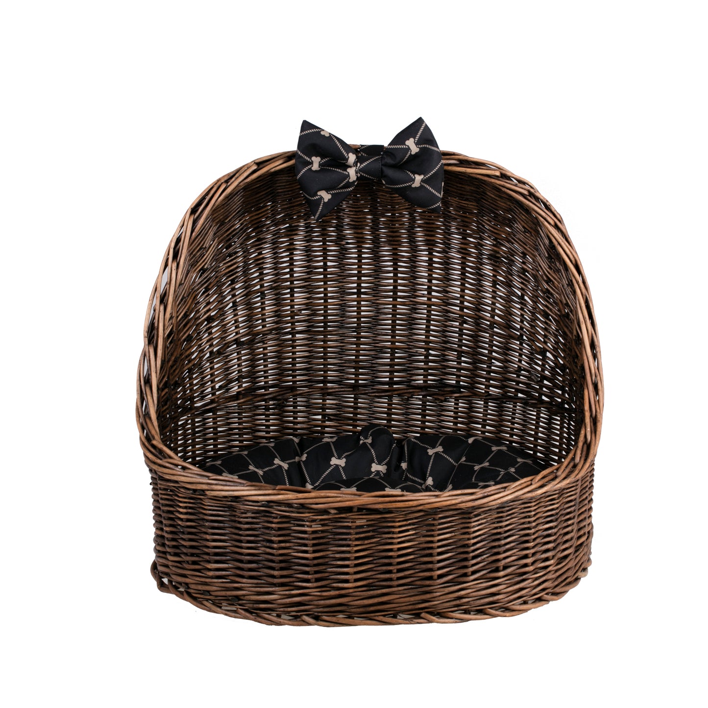 Elsa wicker pet bed basket with black cushion and bow