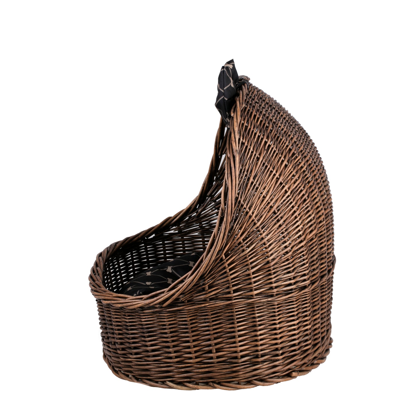 Elsa wicker pet bed basket with black cushion and bow