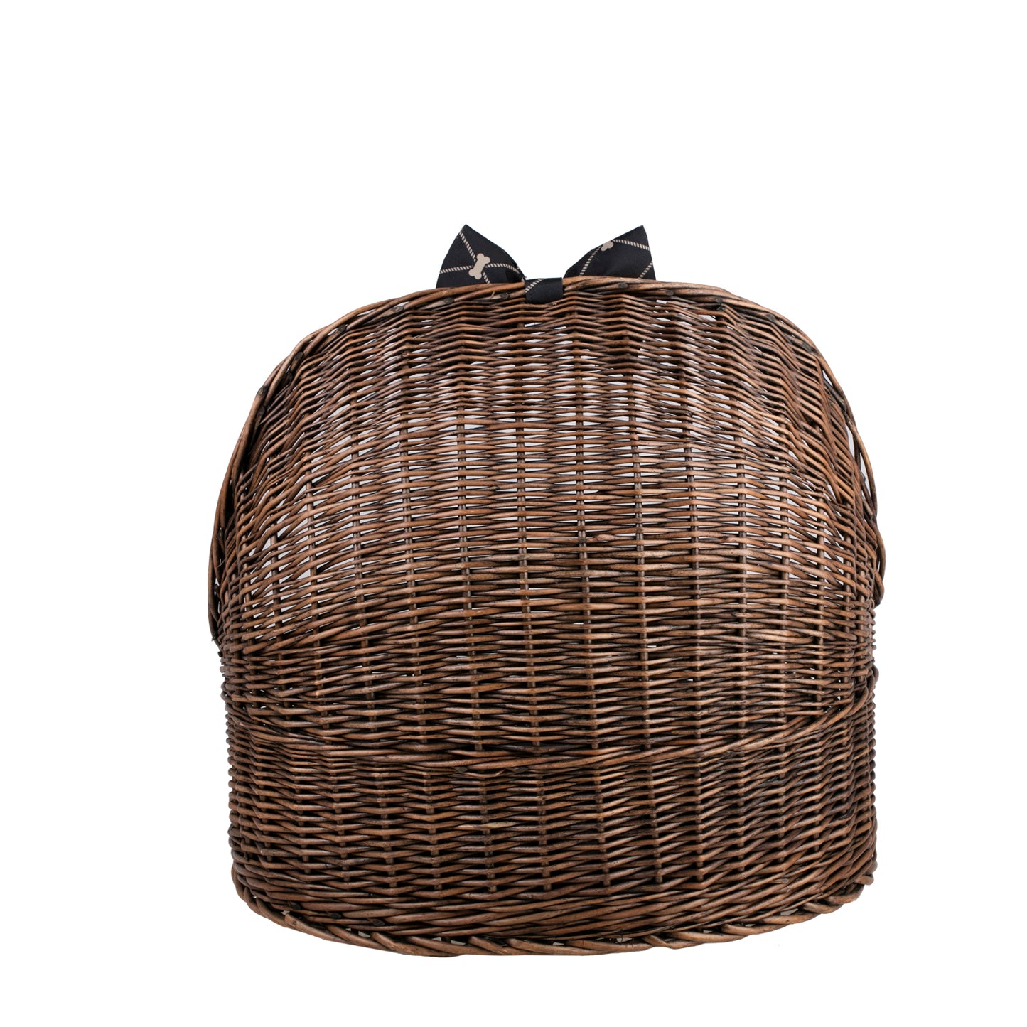 Elsa wicker pet bed basket with black cushion and bow