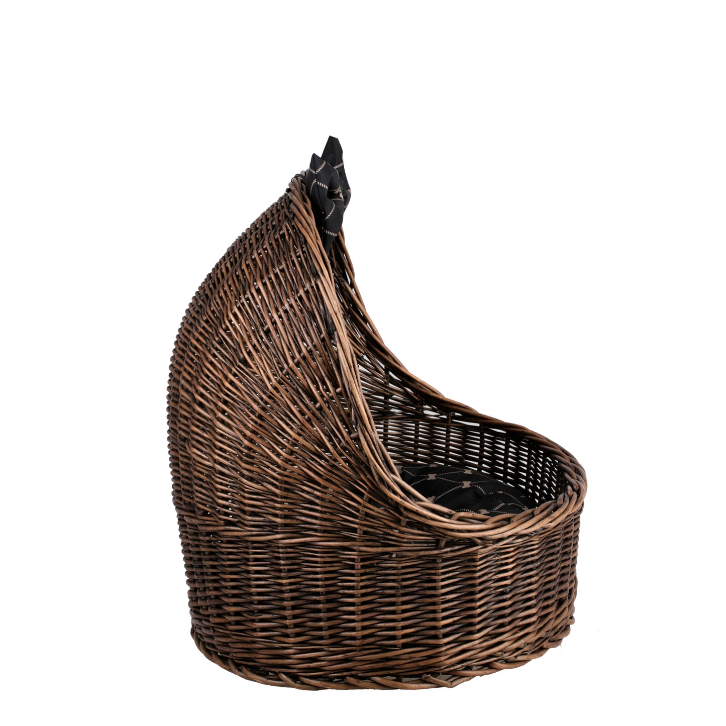 Elsa wicker pet bed basket with black cushion and bow