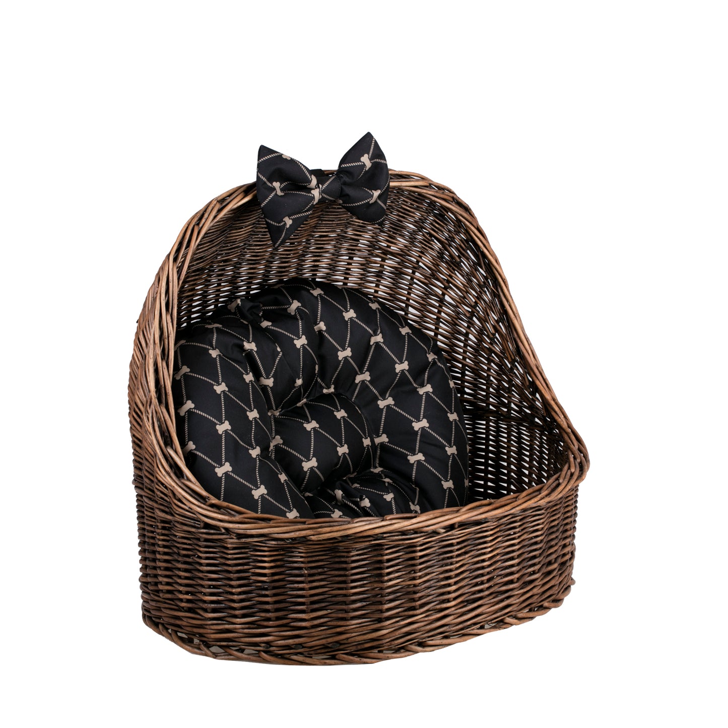 Elsa wicker pet bed basket with black cushion and bow