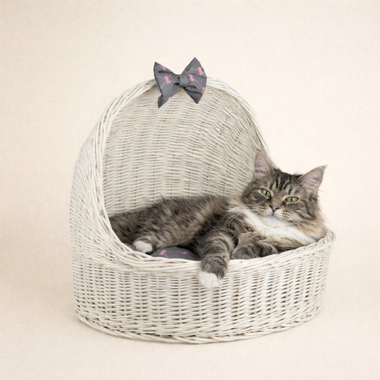 Elsa wicker pet bed basket with grey cushion and bow TheWickerStories