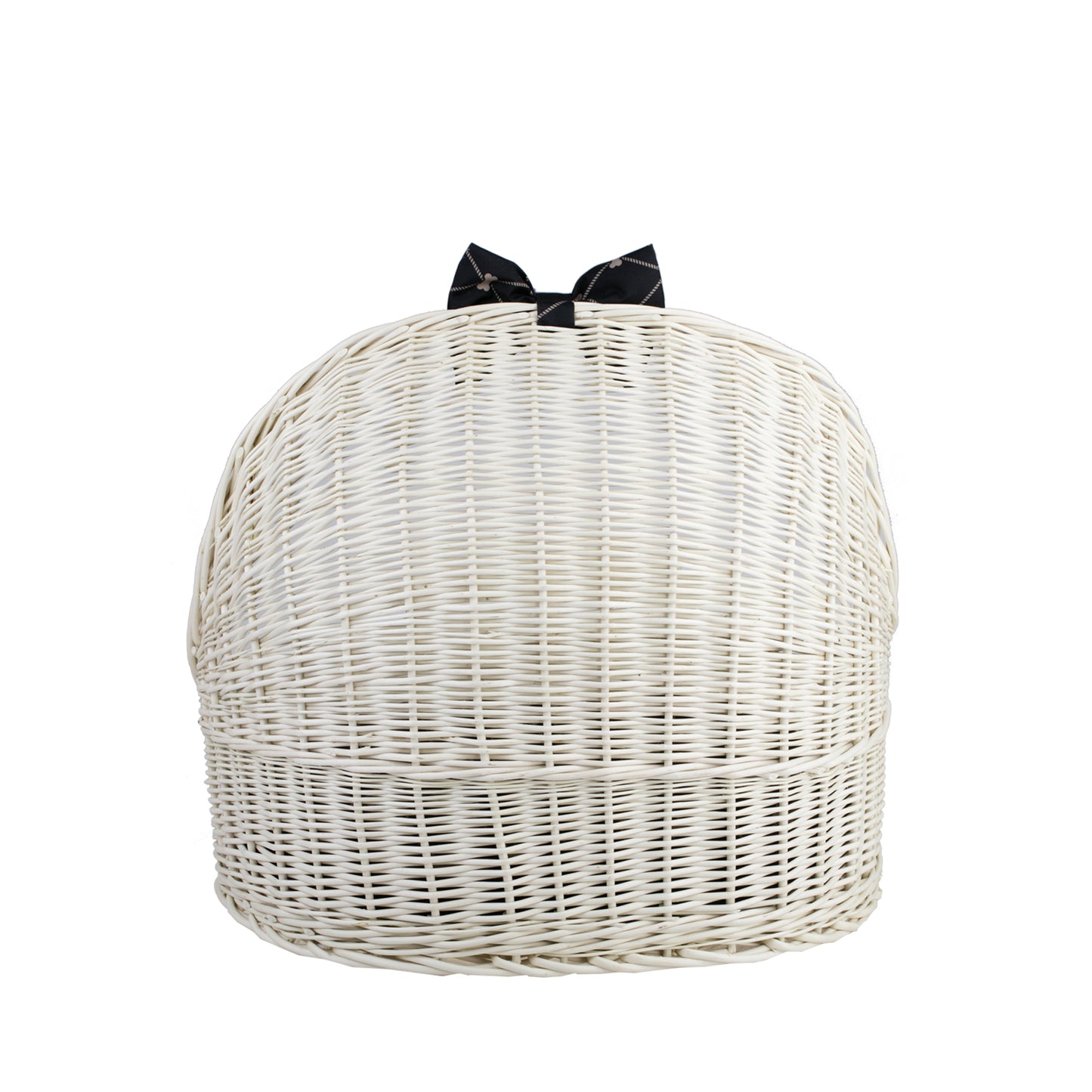 Elsa wicker pet bed basket with black cushion and bow TheWickerStories