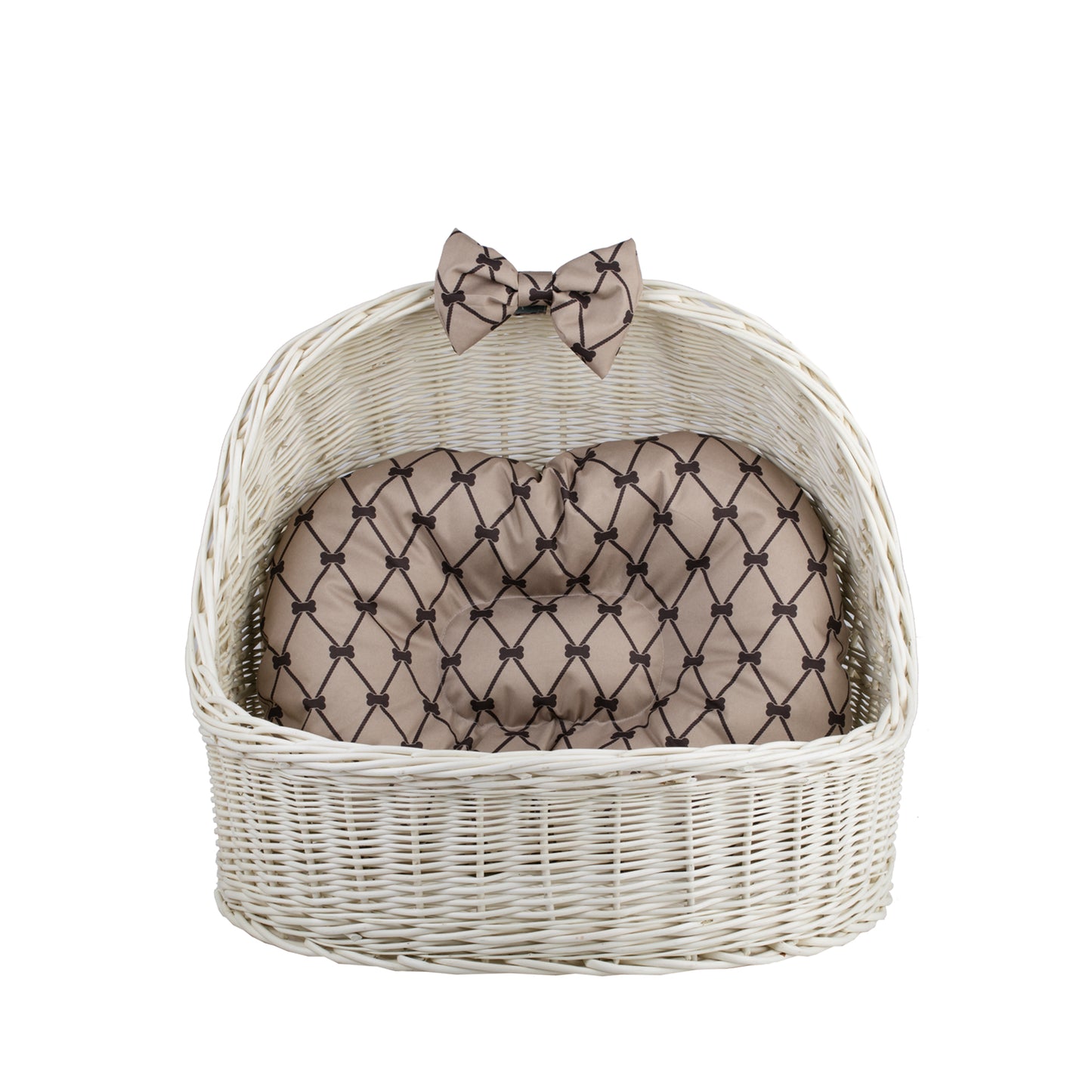 Elsa wicker pet bed basket with beige cushion and bow