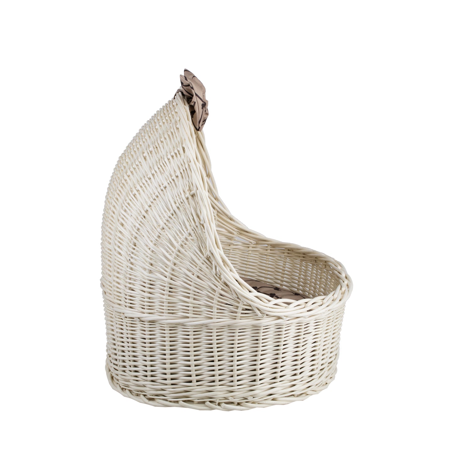 Elsa wicker pet bed basket with beige cushion and bow