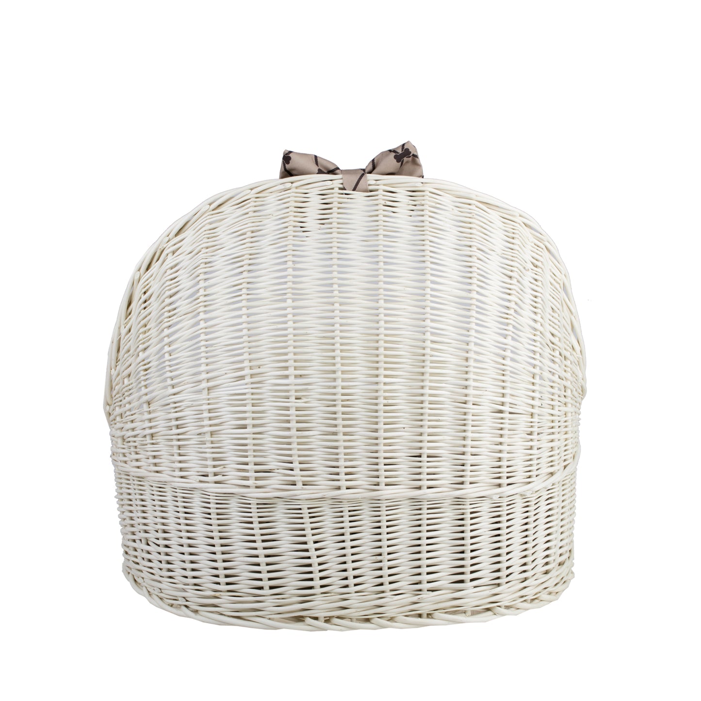 Elsa wicker pet bed basket with beige cushion and bow