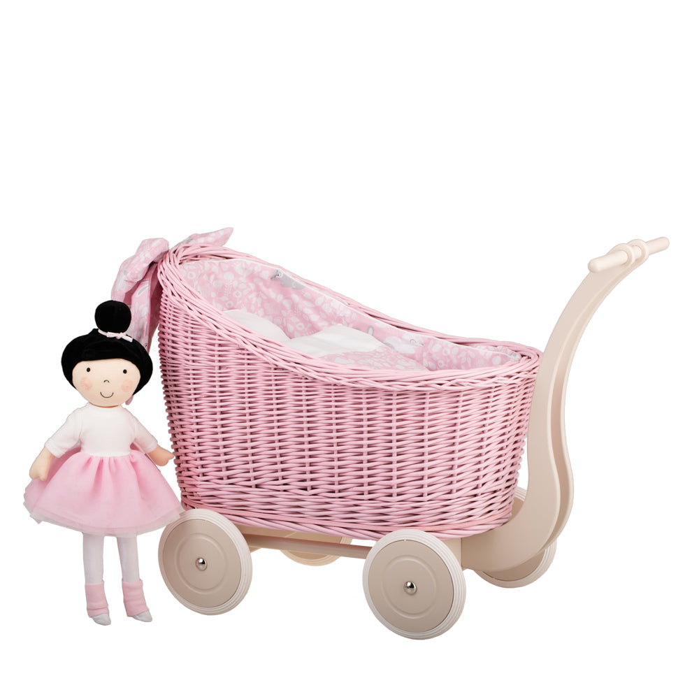 Luna carrozzina in vimini per bambole con rifinitura rosa, copertina e cuscino