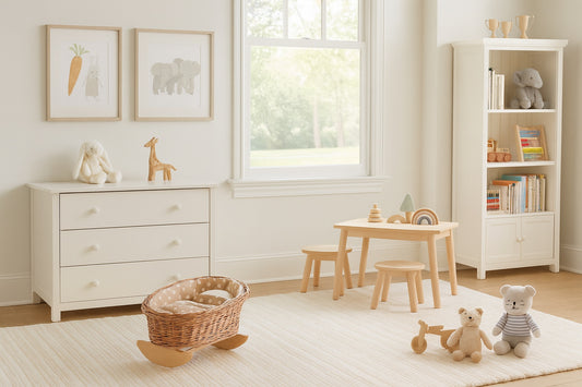 culla in vimini per bambole con fodera beige, cuscino e trapunta