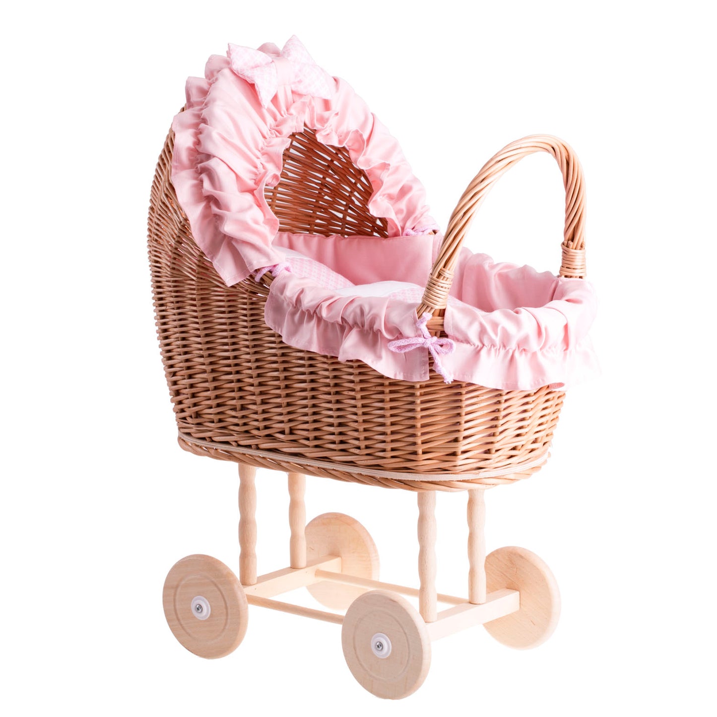 Lulu rietjespoppenwagen met roze bies, dekentje en kussen