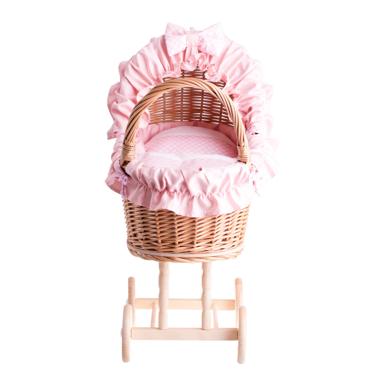 Lulu rietjespoppenwagen met roze bies, dekentje en kussen