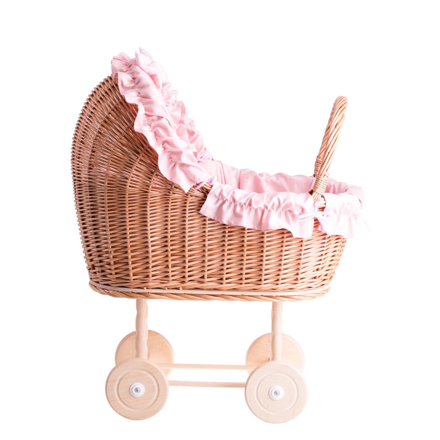 Lulu rietjespoppenwagen met roze bies, dekentje en kussen