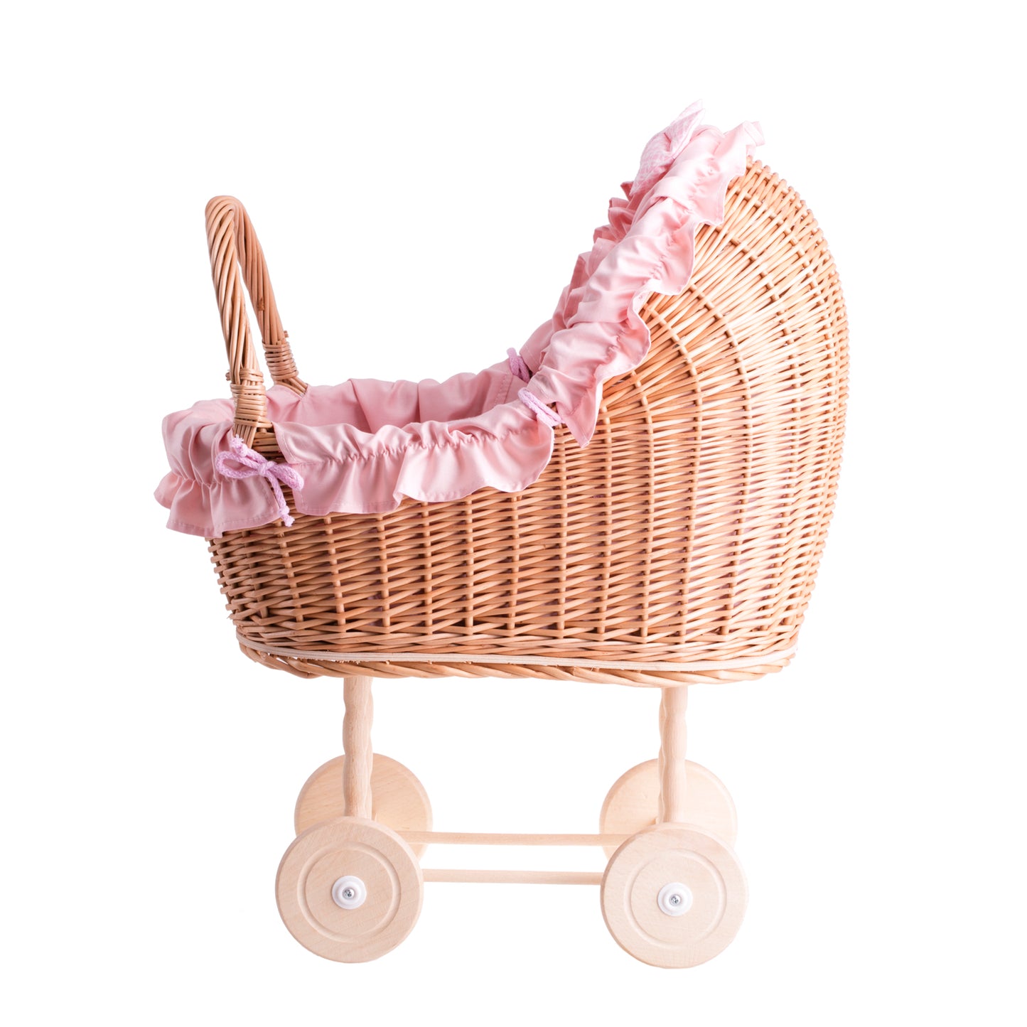 Lulu rietjespoppenwagen met roze bies, dekentje en kussen