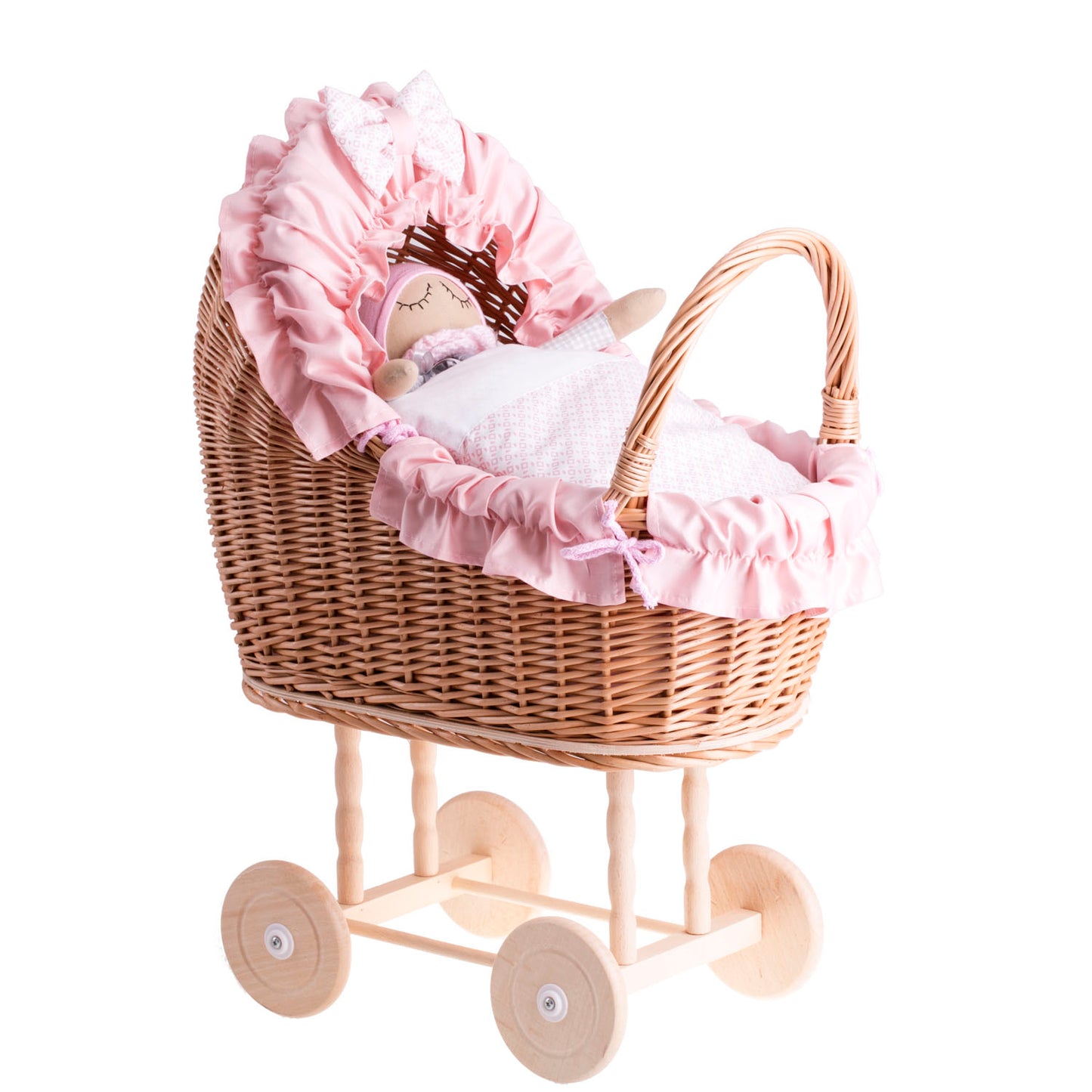 Lulu rietjespoppenwagen met roze bies, dekentje en kussen
