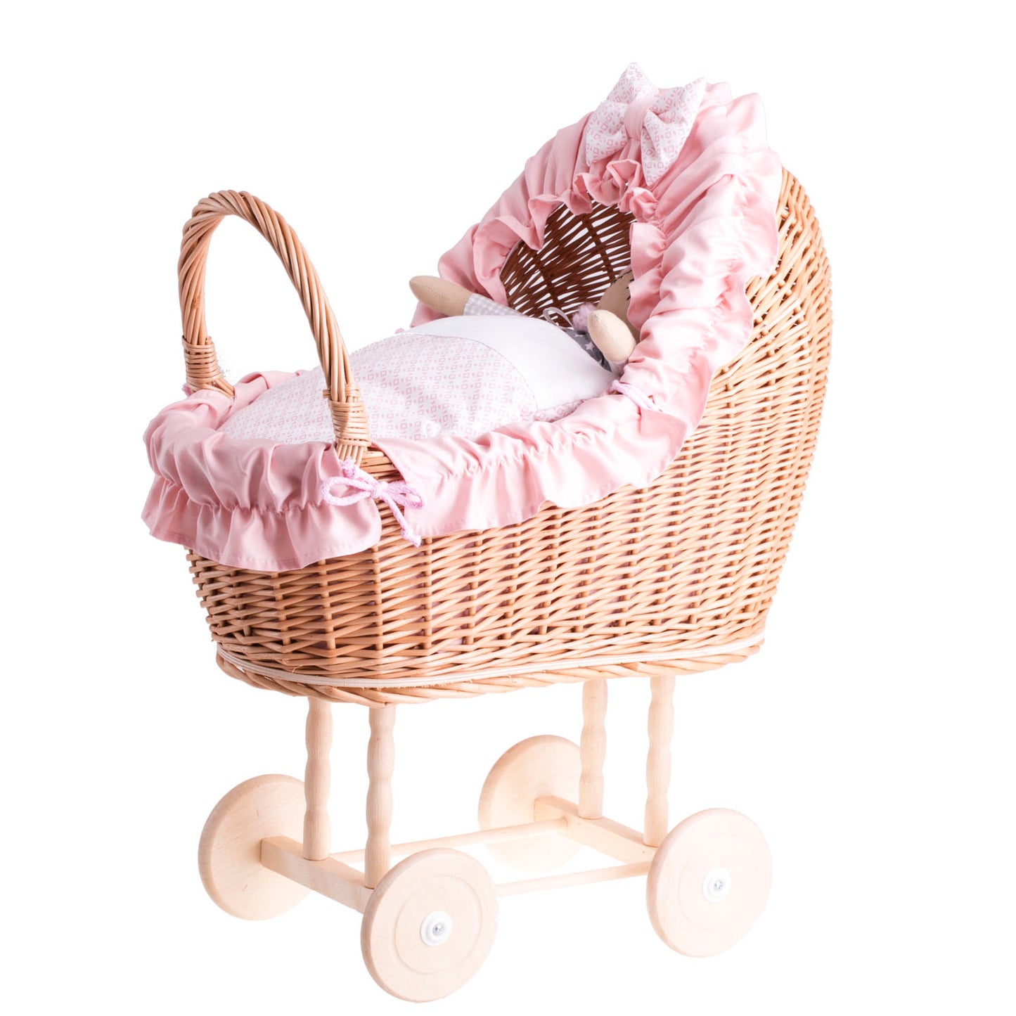 Lulu rietjespoppenwagen met roze bies, dekentje en kussen