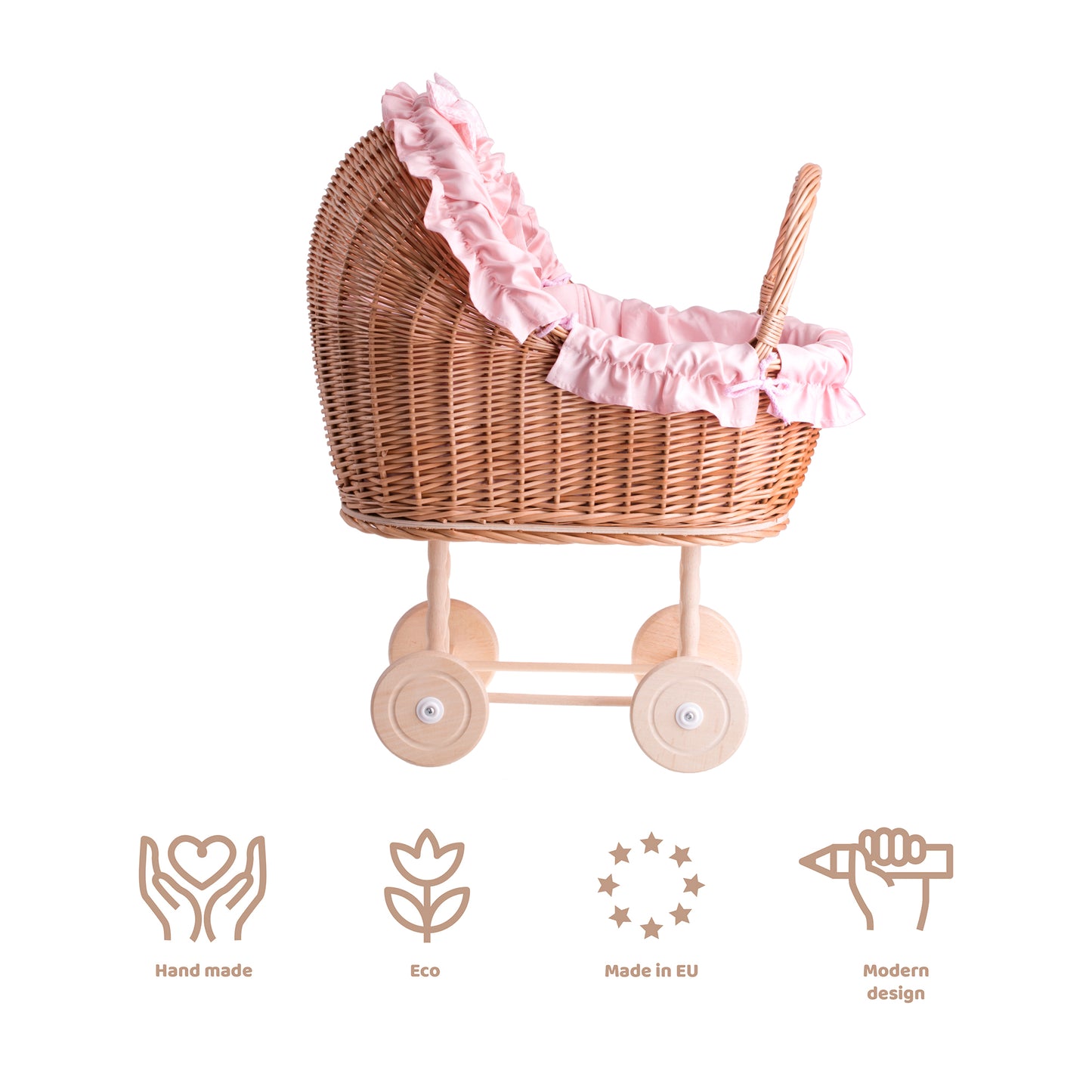 Lulu rietjespoppenwagen met roze bies, dekentje en kussen